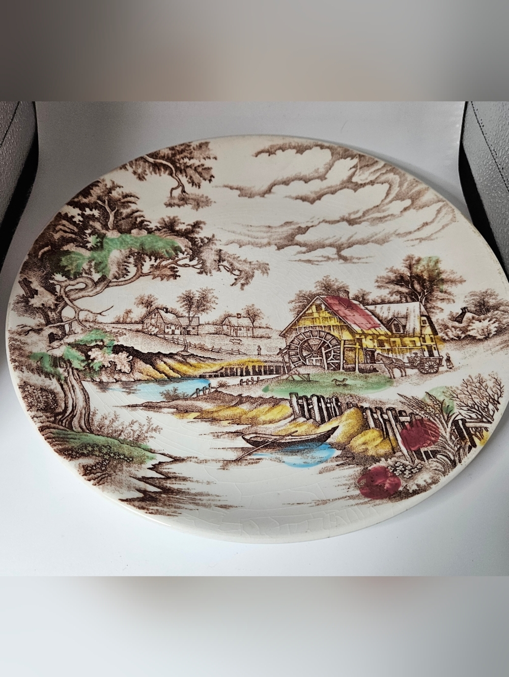 Vintage Japan Transferware Plate Old Grist Mill Water Wheel Scene Multi-Color